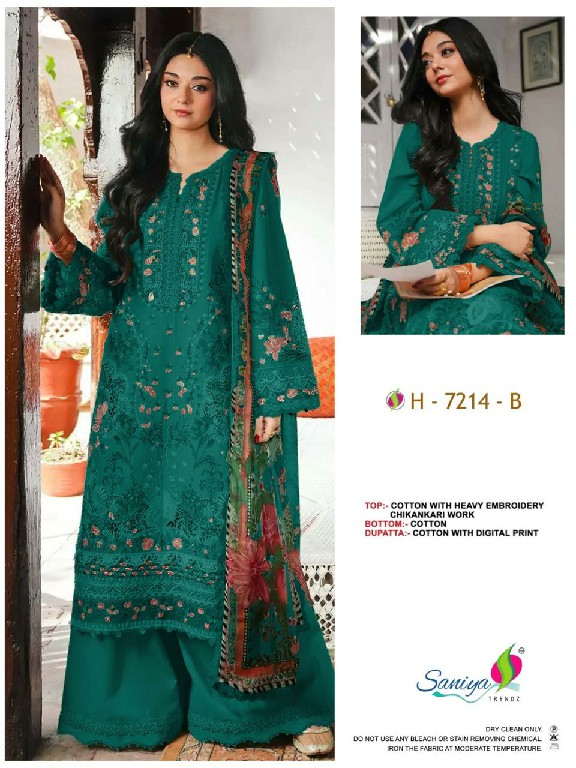 SANIYA TRENDZ D.NO 7214 WHOLESALE COTTON CHIKANKARI EMBROIDERED UNSTITCH SALWAR SUITS EXPORTER