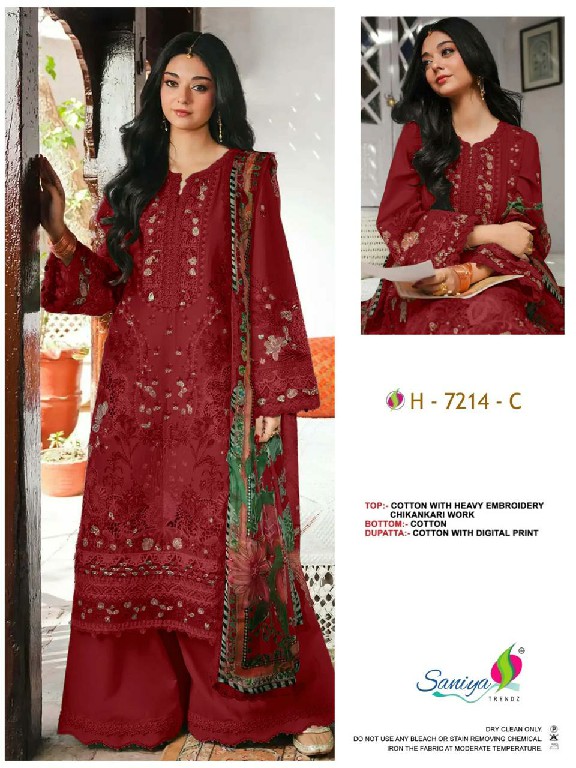 SANIYA TRENDZ D.NO 7214 WHOLESALE COTTON CHIKANKARI EMBROIDERED UNSTITCH SALWAR SUITS EXPORTER