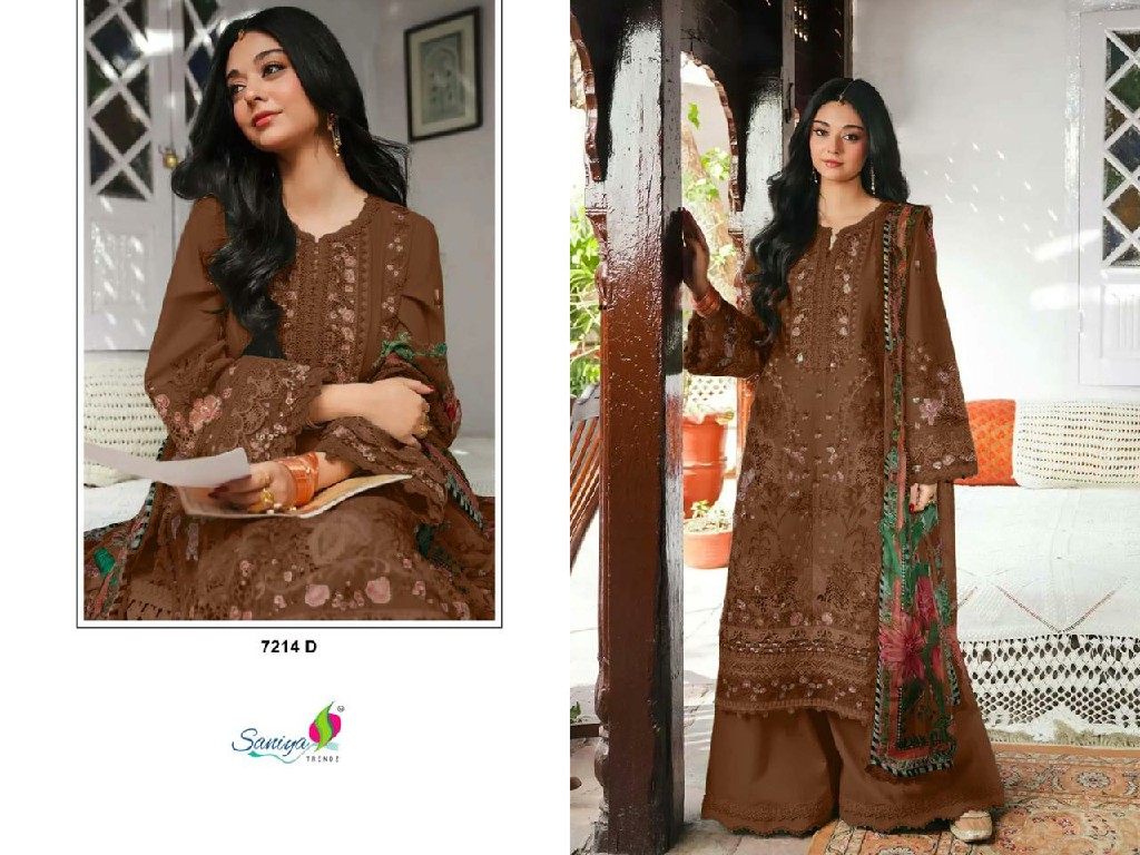 SANIYA TRENDZ D.NO 7214 WHOLESALE COTTON CHIKANKARI EMBROIDERED UNSTITCH SALWAR SUITS EXPORTER