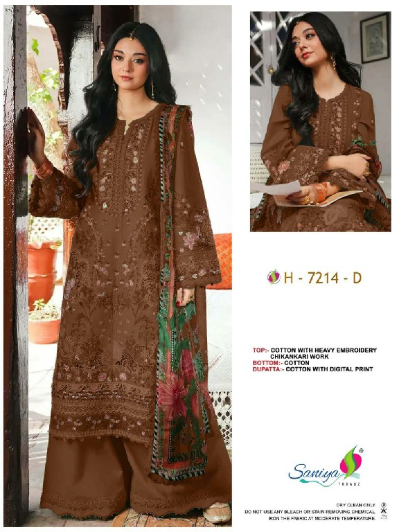 SANIYA TRENDZ D.NO 7214 WHOLESALE COTTON CHIKANKARI EMBROIDERED UNSTITCH SALWAR SUITS EXPORTER