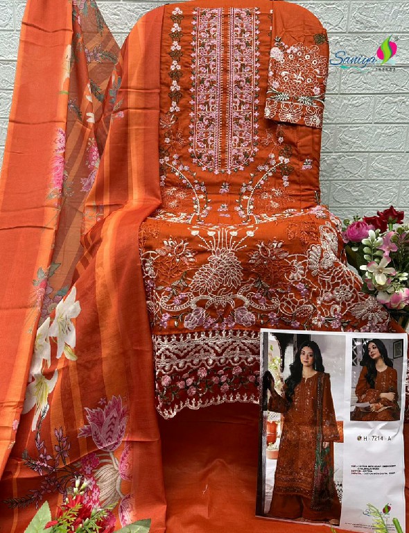 SANIYA TRENDZ D.NO 7214 WHOLESALE COTTON CHIKANKARI EMBROIDERED UNSTITCH SALWAR SUITS EXPORTER