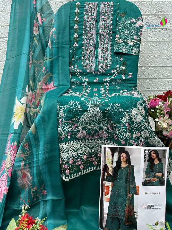 SANIYA TRENDZ D.NO 7214 WHOLESALE COTTON CHIKANKARI EMBROIDERED UNSTITCH SALWAR SUITS EXPORTER