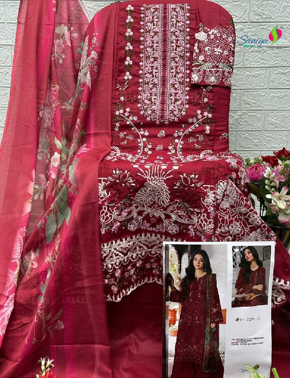 SANIYA TRENDZ D.NO 7214 WHOLESALE COTTON CHIKANKARI EMBROIDERED UNSTITCH SALWAR SUITS EXPORTER