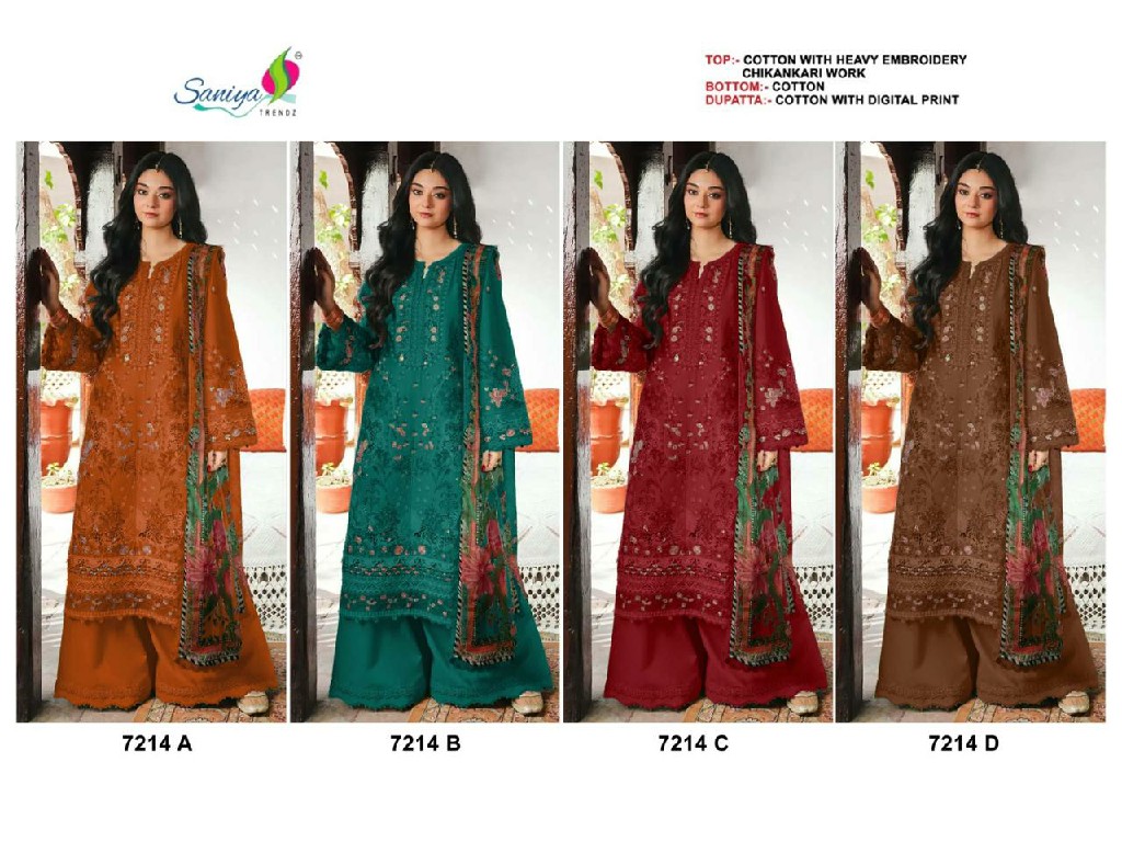 SANIYA TRENDZ D.NO 7214 WHOLESALE COTTON CHIKANKARI EMBROIDERED UNSTITCH SALWAR SUITS EXPORTER