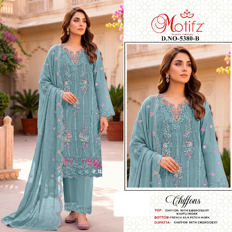 MOTIFZ D.NO 5380 WHOLESALE CHIFFON PAKISTANI ATTRACTIVE UNSTITCH SALWAR SUITS FOR EXPORT