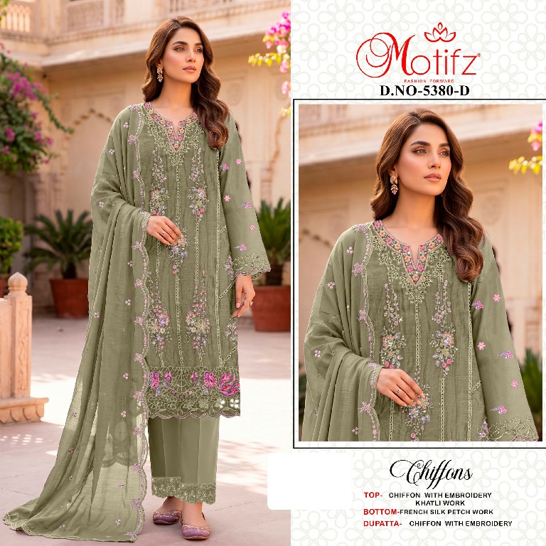 MOTIFZ D.NO 5380 WHOLESALE CHIFFON PAKISTANI ATTRACTIVE UNSTITCH SALWAR SUITS FOR EXPORT
