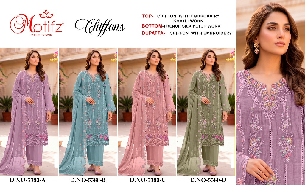 MOTIFZ D.NO 5380 WHOLESALE CHIFFON PAKISTANI ATTRACTIVE UNSTITCH SALWAR SUITS FOR EXPORT
