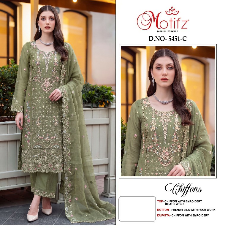 MOTIFZ D.NO 5451 WHOLESALE CHIFFON PAKISTANI GORGEOUS LOOK UNSTITCH SALWAR SUITS EXPORTER