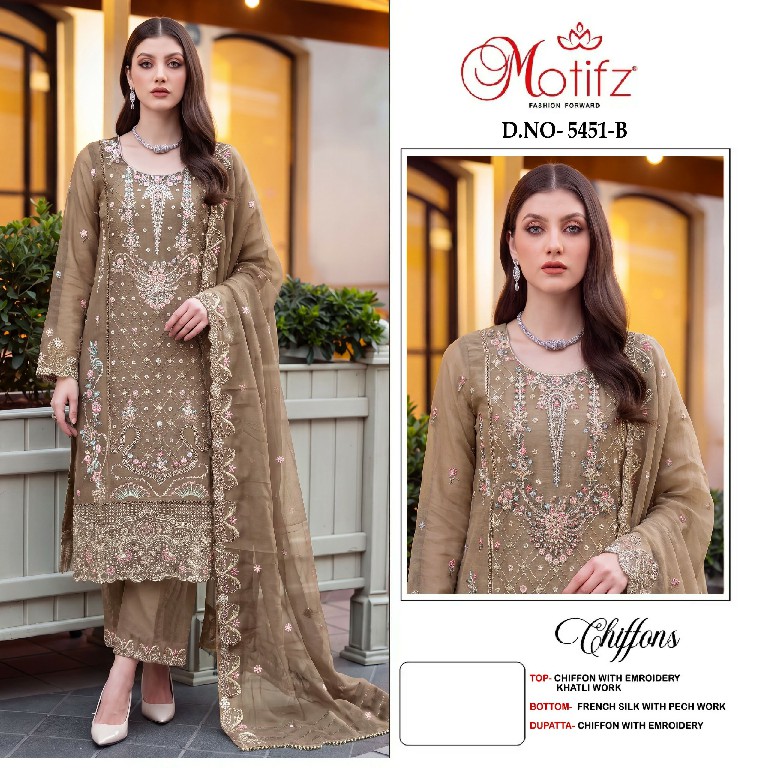 MOTIFZ D.NO 5451 WHOLESALE CHIFFON PAKISTANI GORGEOUS LOOK UNSTITCH SALWAR SUITS EXPORTER