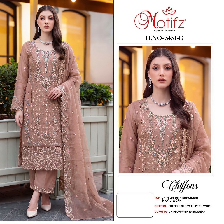 MOTIFZ D.NO 5451 WHOLESALE CHIFFON PAKISTANI GORGEOUS LOOK UNSTITCH SALWAR SUITS EXPORTER