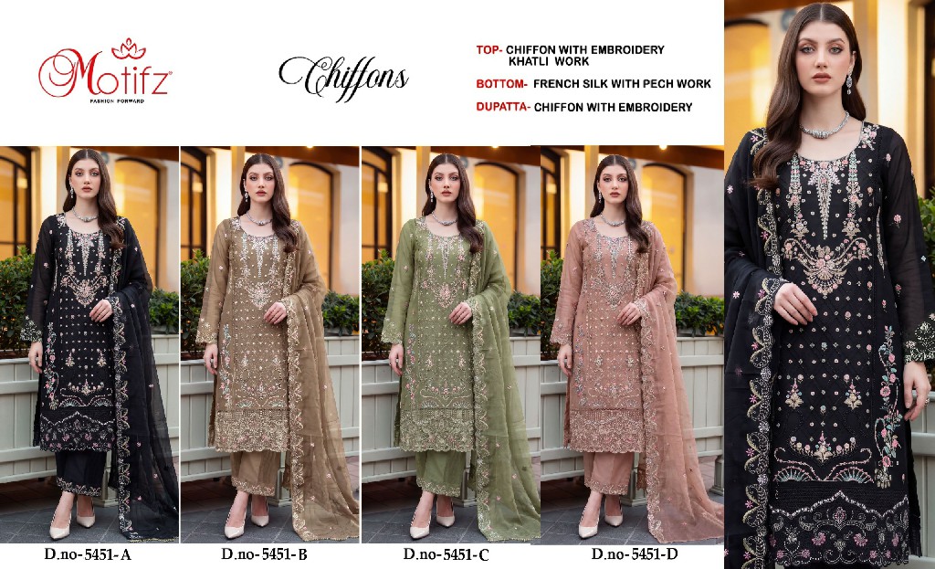 MOTIFZ D.NO 5451 WHOLESALE CHIFFON PAKISTANI GORGEOUS LOOK UNSTITCH SALWAR SUITS EXPORTER
