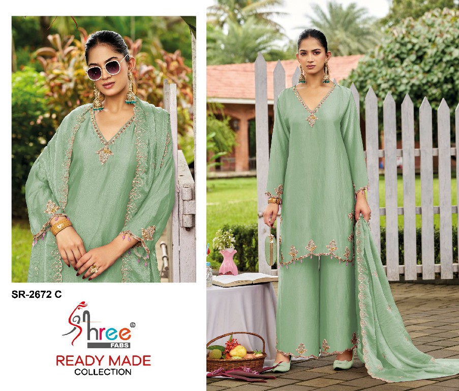 SHREE FABS R-2672 WHOLESALE READYMADE VISCOSE GLASS SATIN MINIMAL WORK DESIGN 3 PCS SUITS FOR EXPORT
