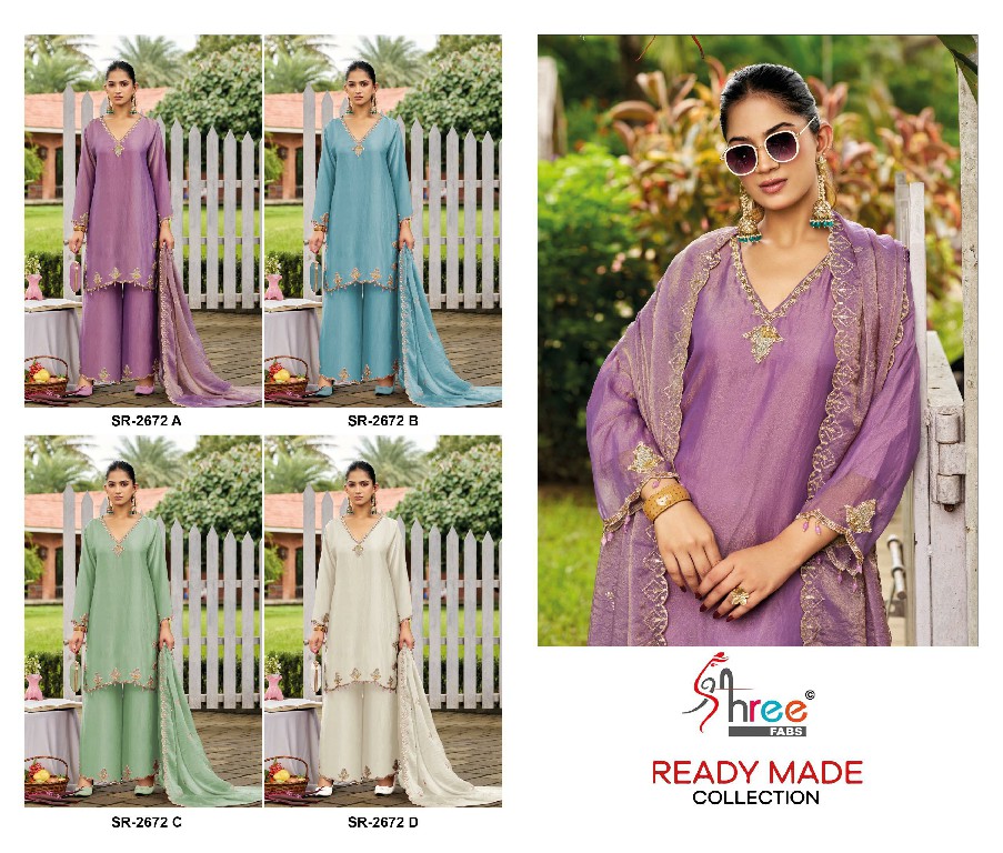 SHREE FABS R-2672 WHOLESALE READYMADE VISCOSE GLASS SATIN MINIMAL WORK DESIGN 3 PCS SUITS FOR EXPORT