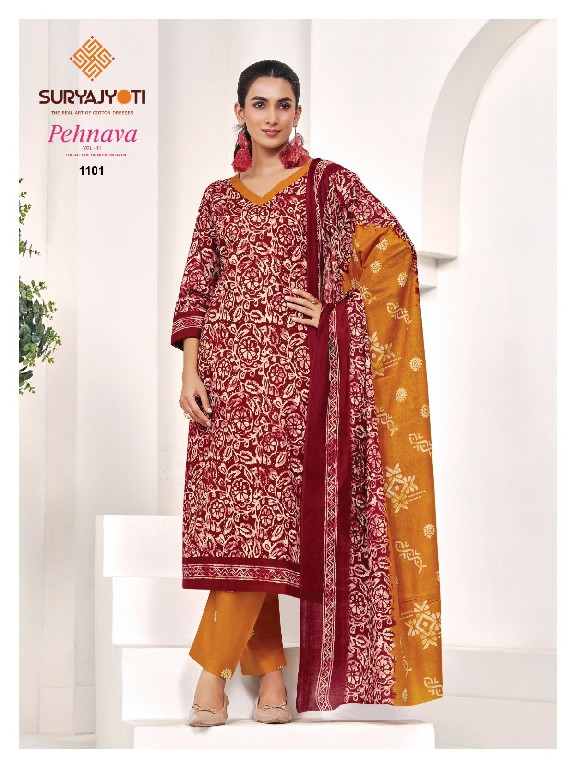 SURYAJYOTI PEHNAVA VOL 11 WHOLESALE READYMADE COTTON BATIK PRINTED CASUAL WEAR 3 PCS SUITS EXPORTER
