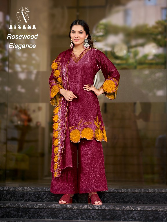 AFSANA ROSEWOOD ELEGANCE WHOLESALE READYMADE FANDY CRUSH LUXURIOUS LOOK 3 PCS COMBO SET SUITS SUPPLIER