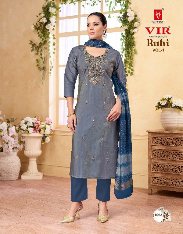 VIR RUHI VOL 1 WHOLESALE READYMADE SIMMER WITH WORK FANCY 3 PCS SUITS EXPORTER