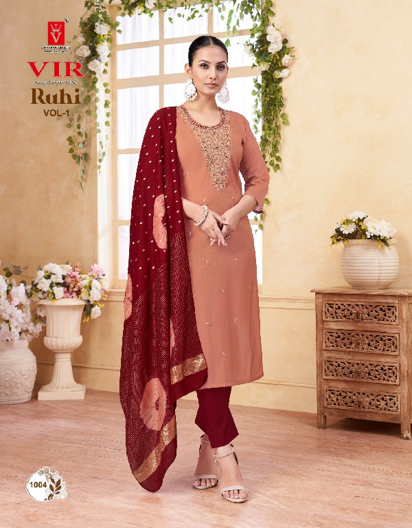VIR RUHI VOL 1 WHOLESALE READYMADE SIMMER WITH WORK FANCY 3 PCS SUITS EXPORTER