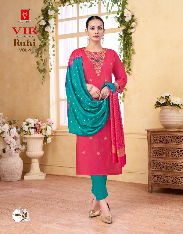 VIR RUHI VOL 1 WHOLESALE READYMADE SIMMER WITH WORK FANCY 3 PCS SUITS EXPORTER
