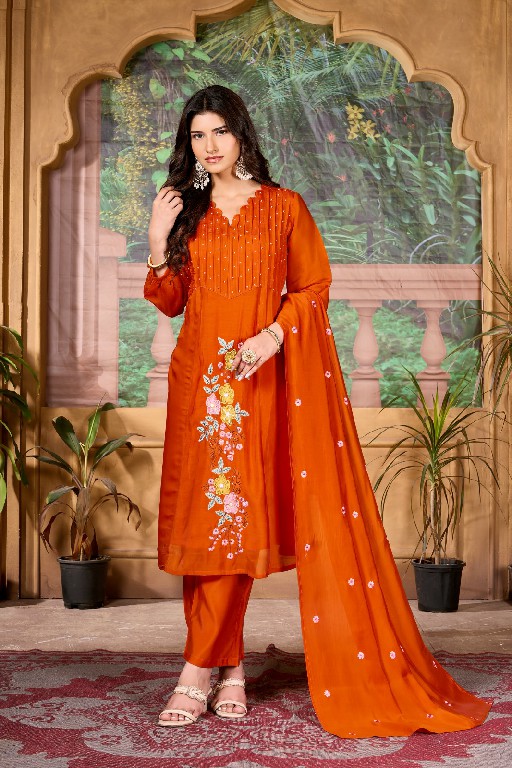 TEXOFAB RANG MANCH VOL 2 WHOLESALE READYMADE MAL CHANDERI ELEGANT LOOK A LINE CUT 3 PCS COMBO SET SUITS SUPPLIER