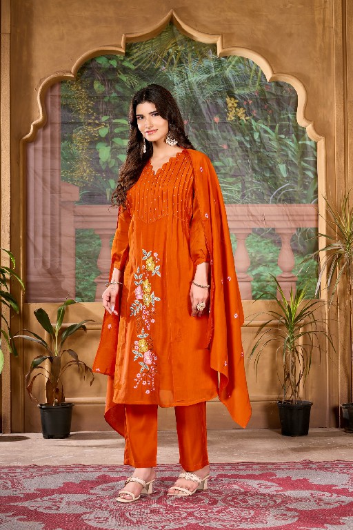 TEXOFAB RANG MANCH VOL 2 WHOLESALE READYMADE MAL CHANDERI ELEGANT LOOK A LINE CUT 3 PCS COMBO SET SUITS SUPPLIER