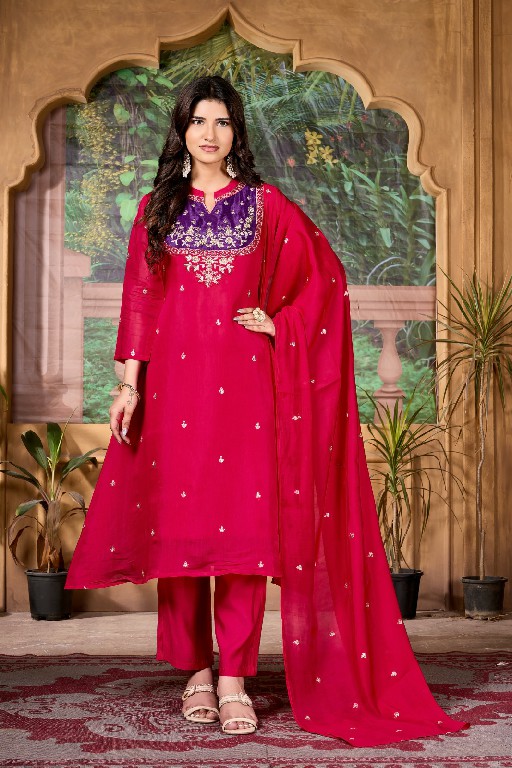 TEXOFAB RANG MANCH VOL 2 WHOLESALE READYMADE MAL CHANDERI ELEGANT LOOK A LINE CUT 3 PCS COMBO SET SUITS SUPPLIER