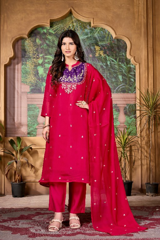 TEXOFAB RANG MANCH VOL 2 WHOLESALE READYMADE MAL CHANDERI ELEGANT LOOK A LINE CUT 3 PCS COMBO SET SUITS SUPPLIER