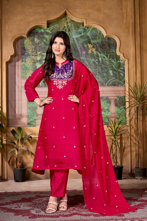 TEXOFAB RANG MANCH VOL 2 WHOLESALE READYMADE MAL CHANDERI ELEGANT LOOK A LINE CUT 3 PCS COMBO SET SUITS SUPPLIER