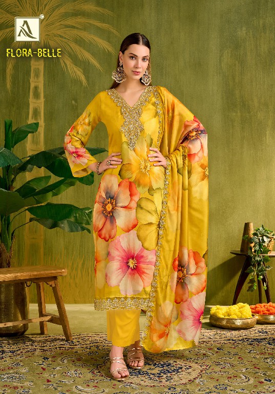 ALOK SUIT FLORA BELLE WHOLESALE MUSLIN DESIGNER PRINT WITH WORK UNSTITCH SALWAR SUITS FOR EXPORT