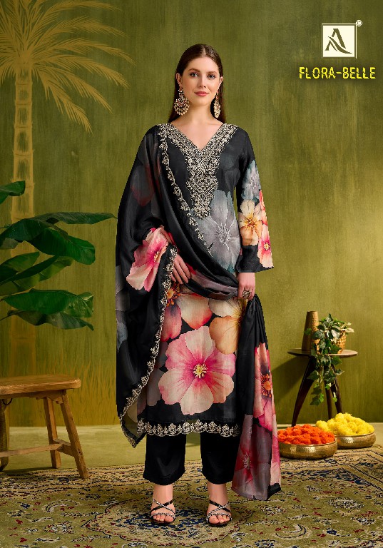 ALOK SUIT FLORA BELLE WHOLESALE MUSLIN DESIGNER PRINT WITH WORK UNSTITCH SALWAR SUITS FOR EXPORT