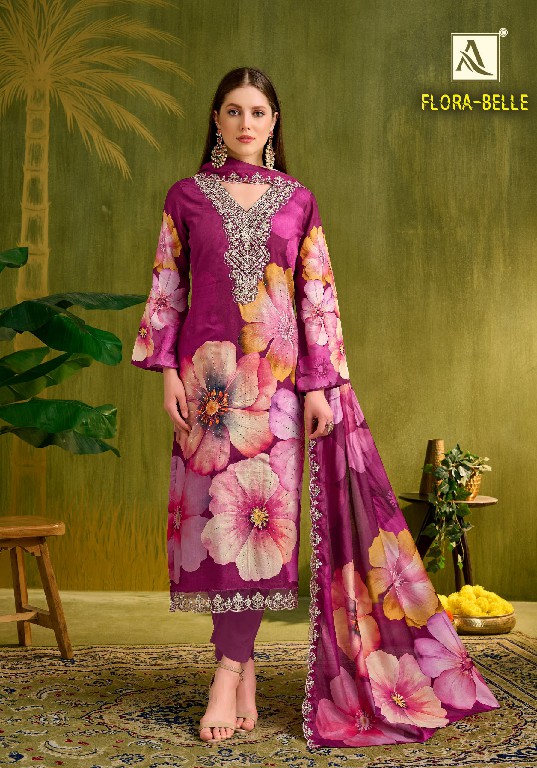 ALOK SUIT FLORA BELLE WHOLESALE MUSLIN DESIGNER PRINT WITH WORK UNSTITCH SALWAR SUITS FOR EXPORT