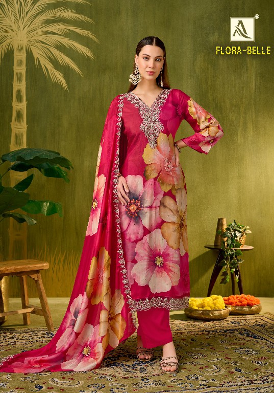ALOK SUIT FLORA BELLE WHOLESALE MUSLIN DESIGNER PRINT WITH WORK UNSTITCH SALWAR SUITS FOR EXPORT