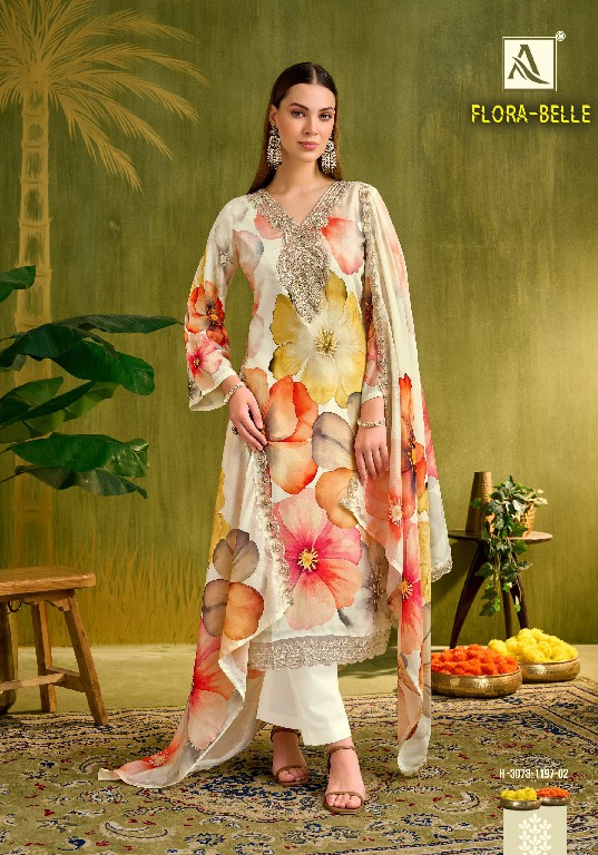 ALOK SUIT FLORA BELLE WHOLESALE MUSLIN DESIGNER PRINT WITH WORK UNSTITCH SALWAR SUITS FOR EXPORT