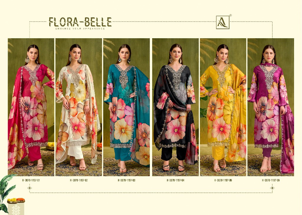 ALOK SUIT FLORA BELLE WHOLESALE MUSLIN DESIGNER PRINT WITH WORK UNSTITCH SALWAR SUITS FOR EXPORT