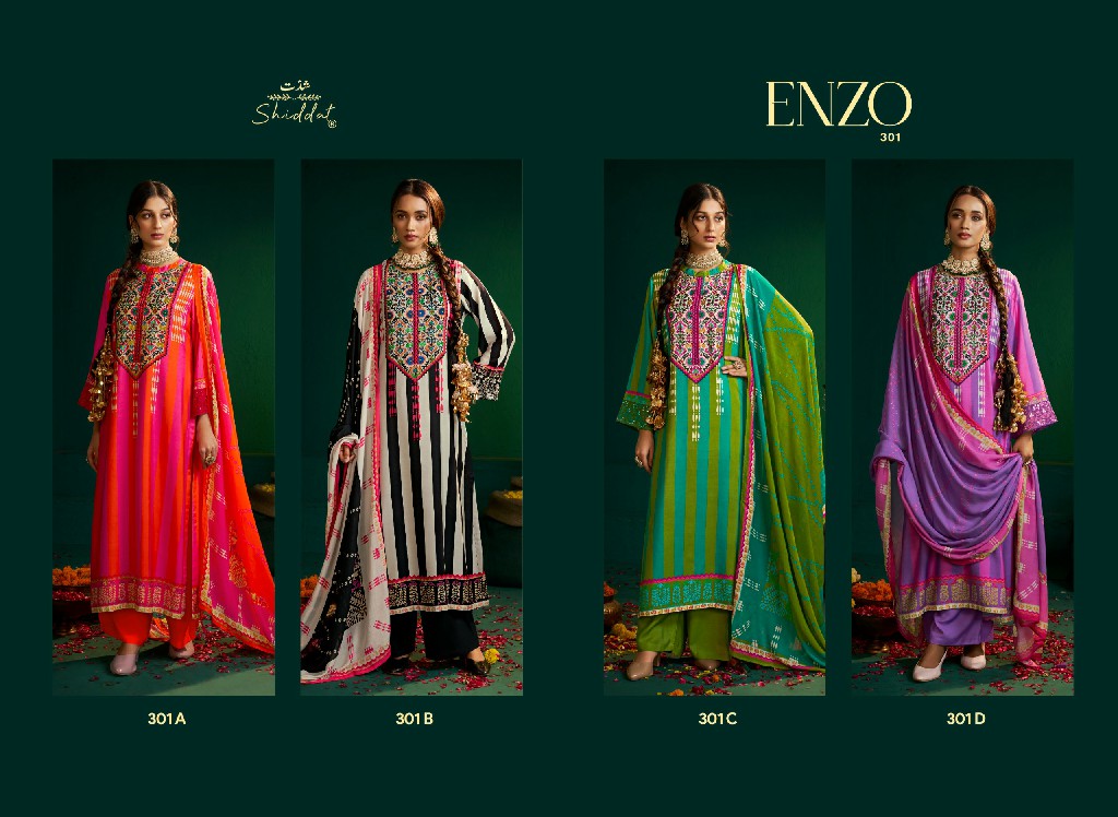 SHIDDAT ENZO 301 WHOLESALE VISCOSE MUSLIN WITH WORK AMAZING UNSTITCH SALWAR SUITS EXPORTER