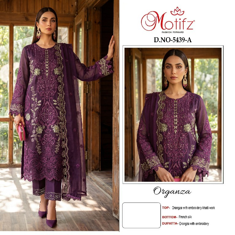 MOTIFZ D.NO 5439 WHOLESALE ORGANZA WITH WORK PAKISTANI UNSTITCH SALWAR SUITS EXPORTER