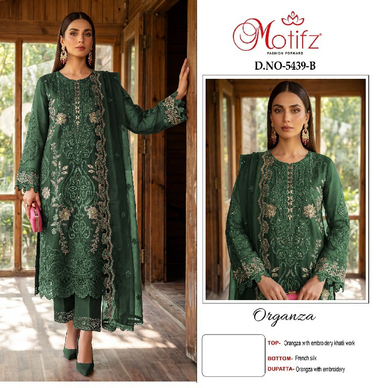 MOTIFZ D.NO 5439 WHOLESALE ORGANZA WITH WORK PAKISTANI UNSTITCH SALWAR SUITS EXPORTER