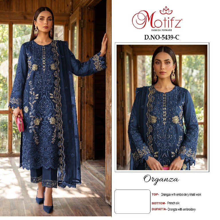 MOTIFZ D.NO 5439 WHOLESALE ORGANZA WITH WORK PAKISTANI UNSTITCH SALWAR SUITS EXPORTER