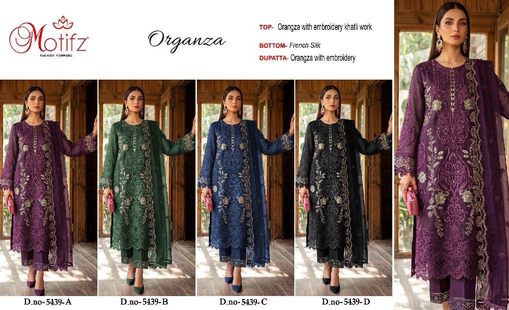 MOTIFZ D.NO 5439 WHOLESALE ORGANZA WITH WORK PAKISTANI UNSTITCH SALWAR SUITS EXPORTER