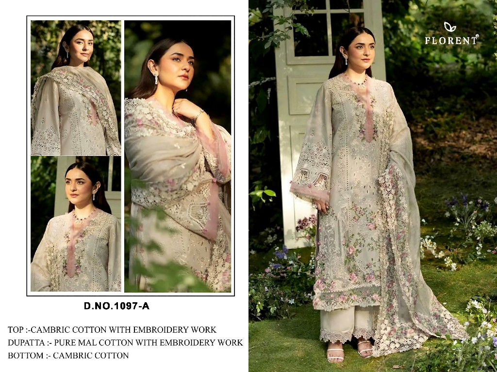 FLORENT D.NO 1097 WHOLESALE CAMBRIC HEAVY EMBROIDERY WORK UNSTITCH SALWAR SUITS ONLINE