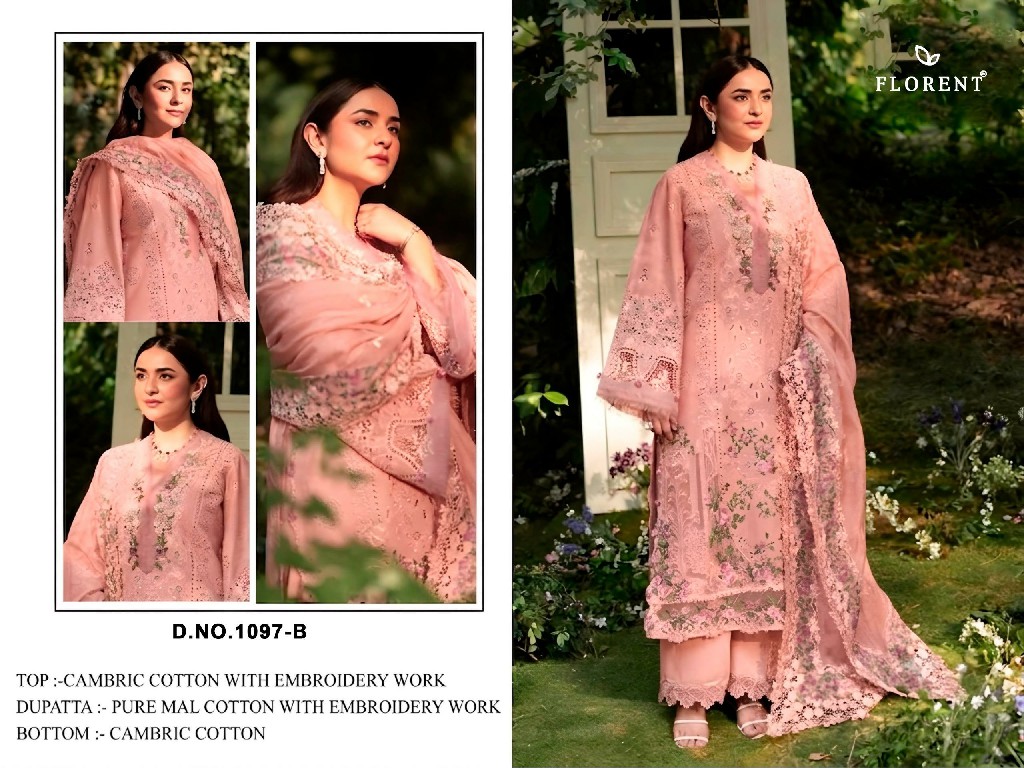 FLORENT D.NO 1097 WHOLESALE CAMBRIC HEAVY EMBROIDERY WORK UNSTITCH SALWAR SUITS ONLINE