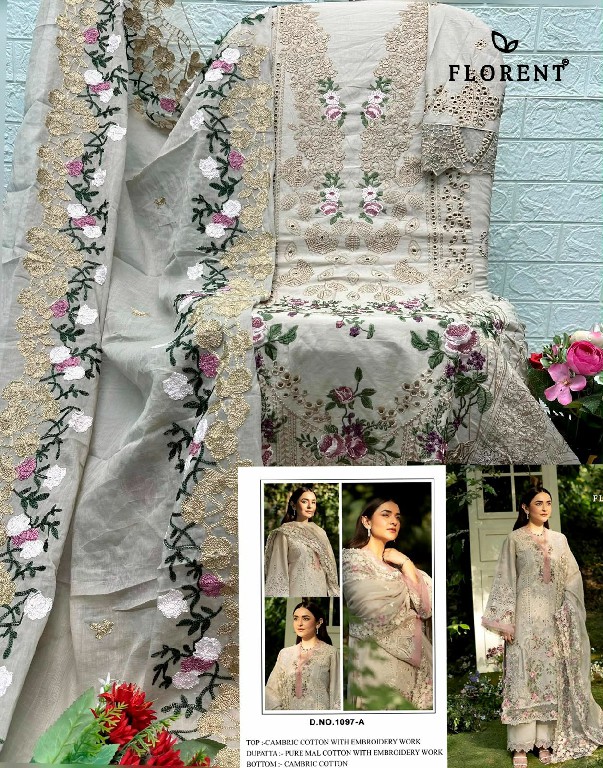 FLORENT D.NO 1097 WHOLESALE CAMBRIC HEAVY EMBROIDERY WORK UNSTITCH SALWAR SUITS ONLINE
