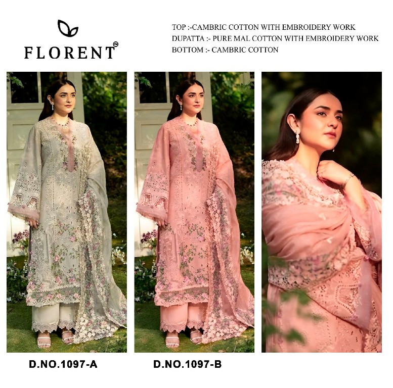 FLORENT D.NO 1097 WHOLESALE CAMBRIC HEAVY EMBROIDERY WORK UNSTITCH SALWAR SUITS ONLINE