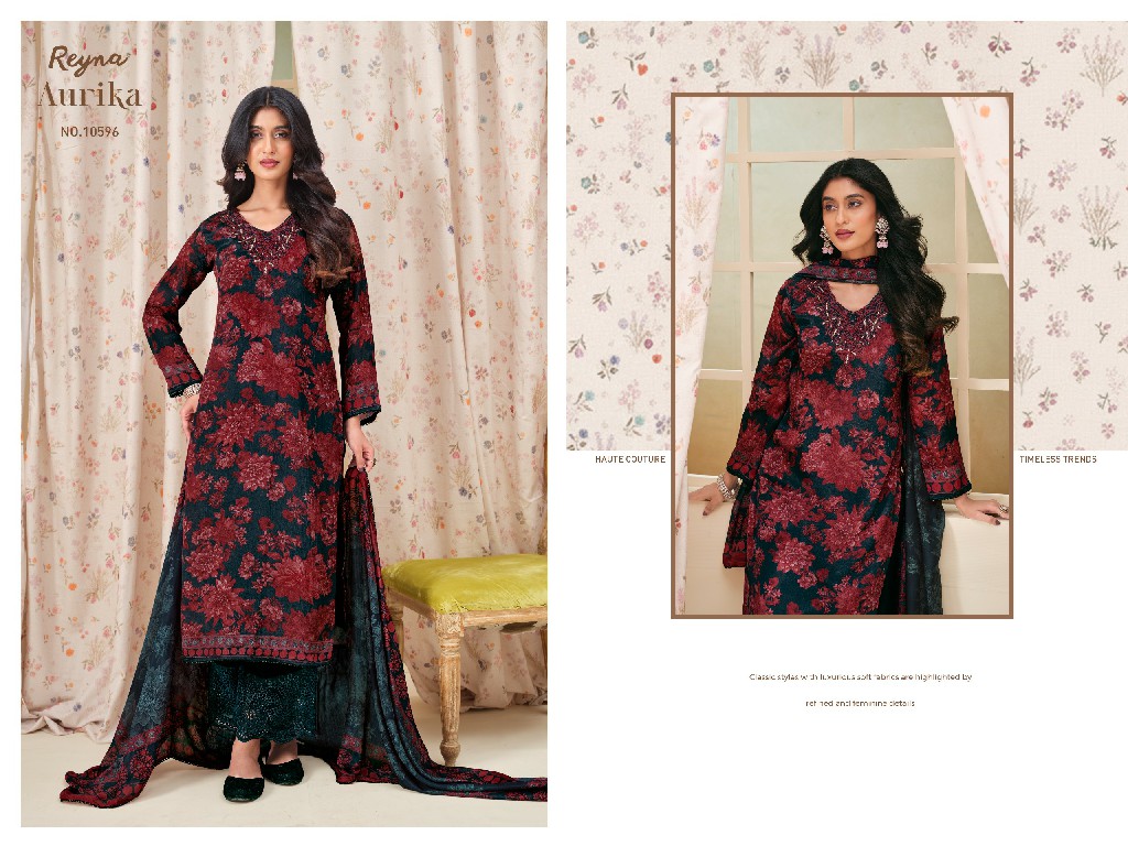 REYNA AURIKA WHOLESALE CHINON WITH HAND WORK PRETTY LOOK UNSTITCH SALWAR SUITS EXPORTER