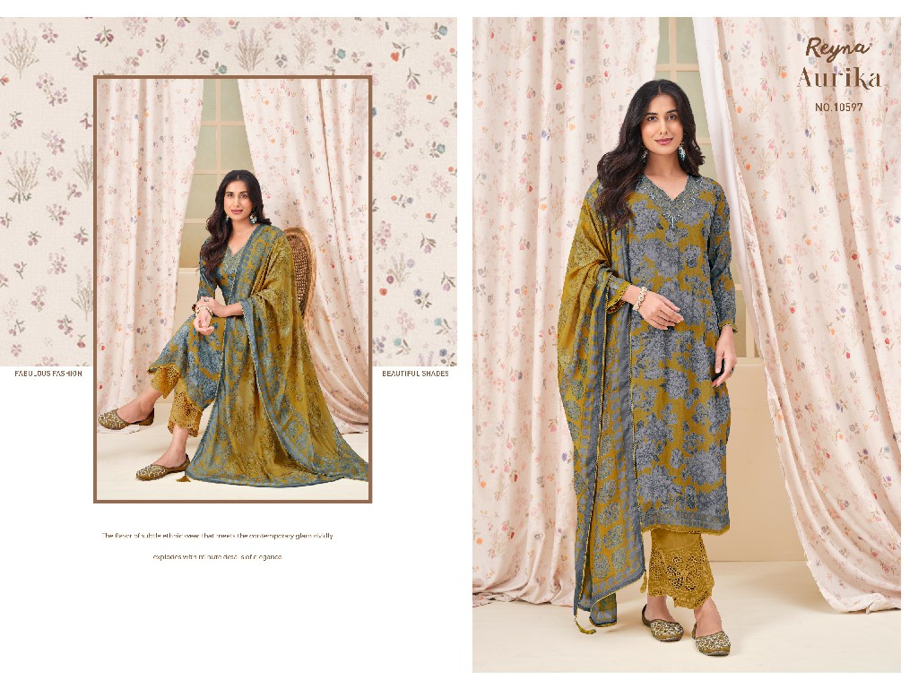 REYNA AURIKA WHOLESALE CHINON WITH HAND WORK PRETTY LOOK UNSTITCH SALWAR SUITS EXPORTER