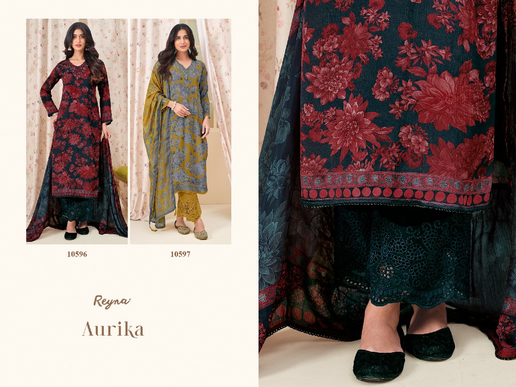 REYNA AURIKA WHOLESALE CHINON WITH HAND WORK PRETTY LOOK UNSTITCH SALWAR SUITS EXPORTER