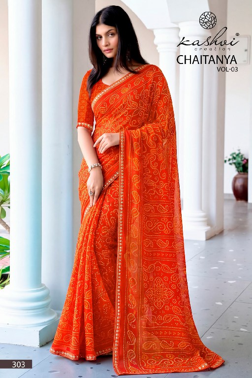 KASHVI CREATION CHAITANYA VOL 3 WHOLESALE GEORGETTE BANDHANI CASUAL WEAR SAREES FOR WOMEN ONLINE