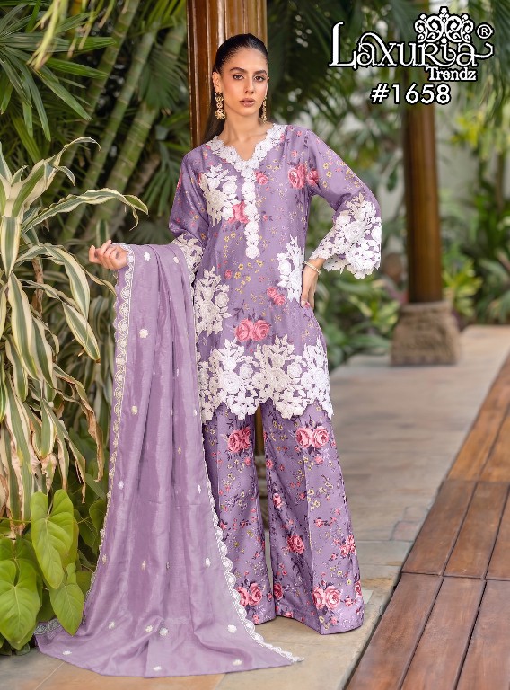 LAXURIA TRENDZ D.NO 1658 WHOLESALE READYMADE SATIN BIG SIZE UNIQUE DESIGNER 3 PCS SUITS FOR EXPORT