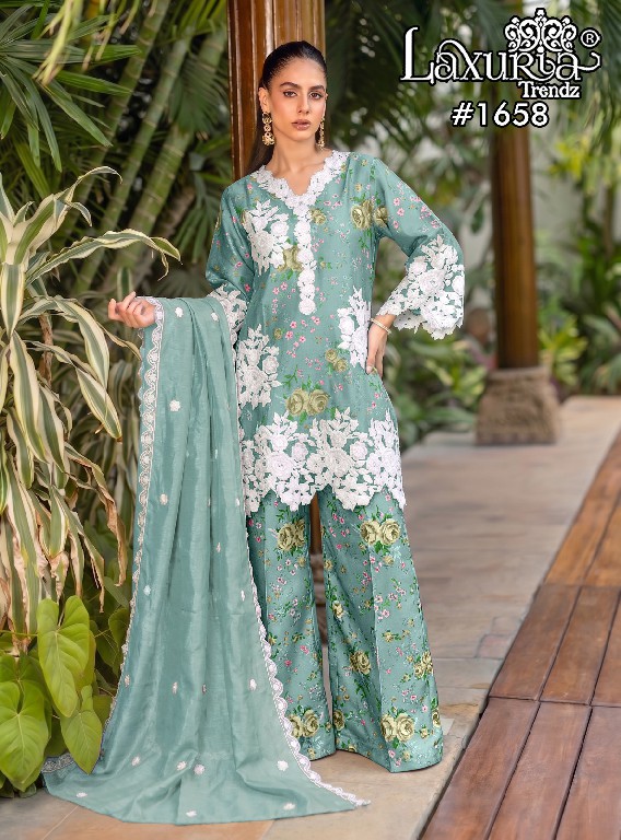 LAXURIA TRENDZ D.NO 1658 WHOLESALE READYMADE SATIN BIG SIZE UNIQUE DESIGNER 3 PCS SUITS FOR EXPORT