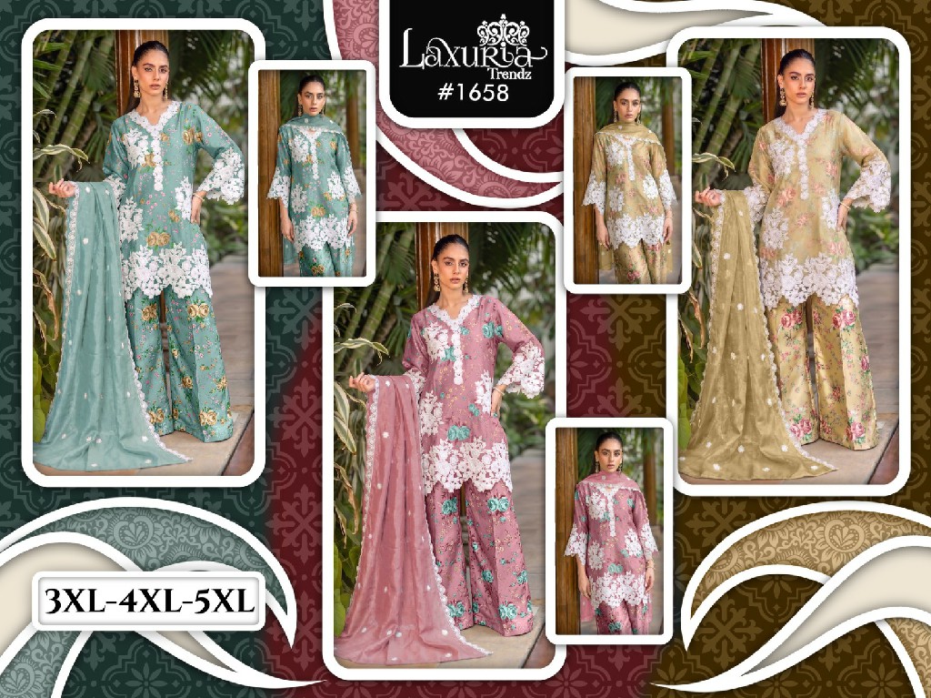 LAXURIA TRENDZ D.NO 1658 WHOLESALE READYMADE SATIN BIG SIZE UNIQUE DESIGNER 3 PCS SUITS FOR EXPORT