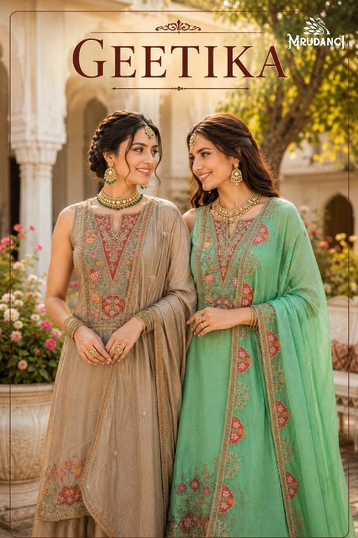 MRUDANGI GEETIKA WHOLESALE READYMADE REAL CHINON TRENDY WEDDING LOOK 3 PCS SUITS EXPORTER